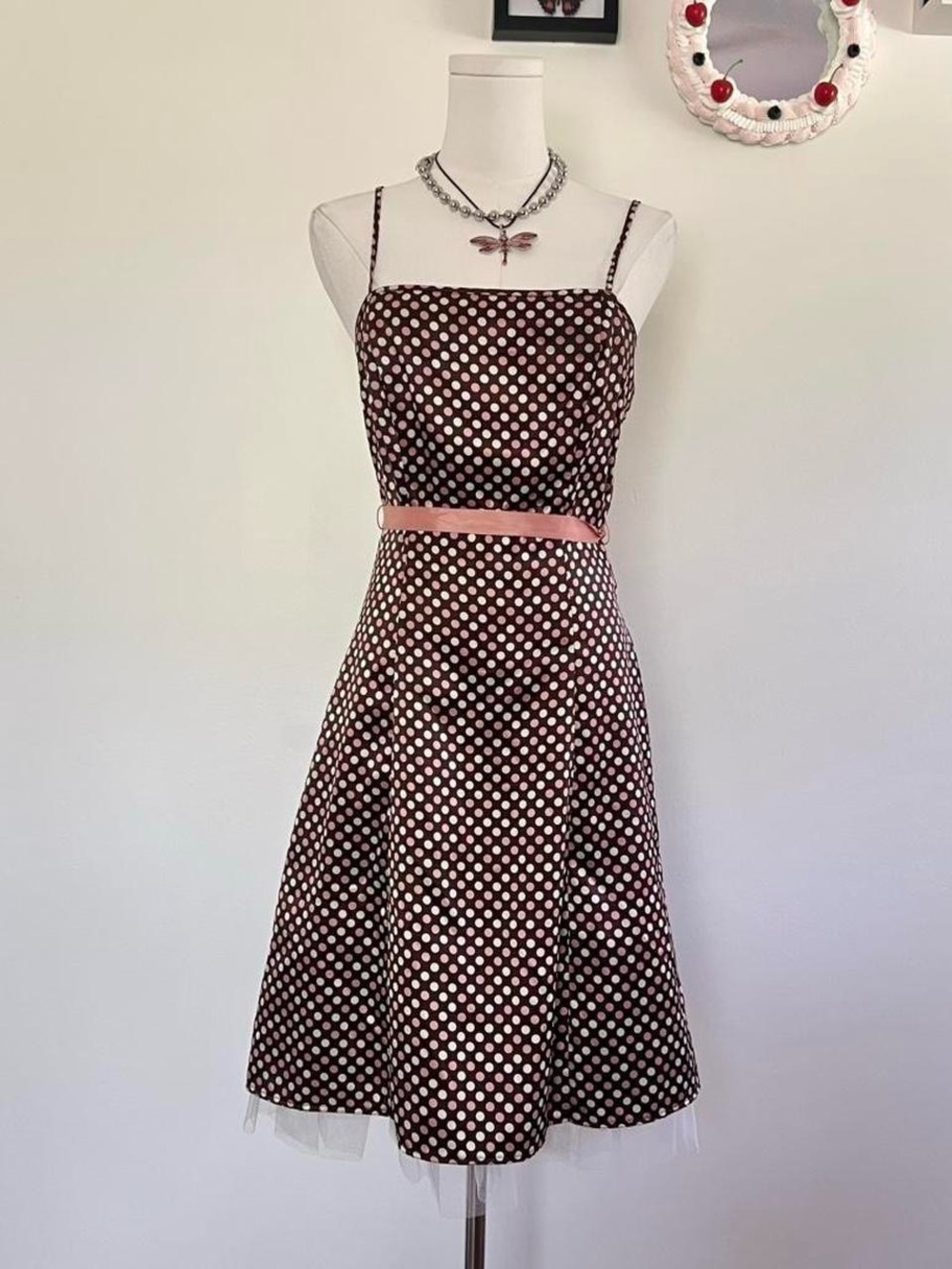 Jodi Kristopher Brown Polka Dot A-Line Dress with Pink Belt